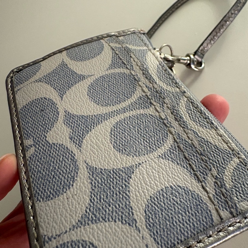 Coach Blue and Cream Signature ID Card Holder with Wrist Strap